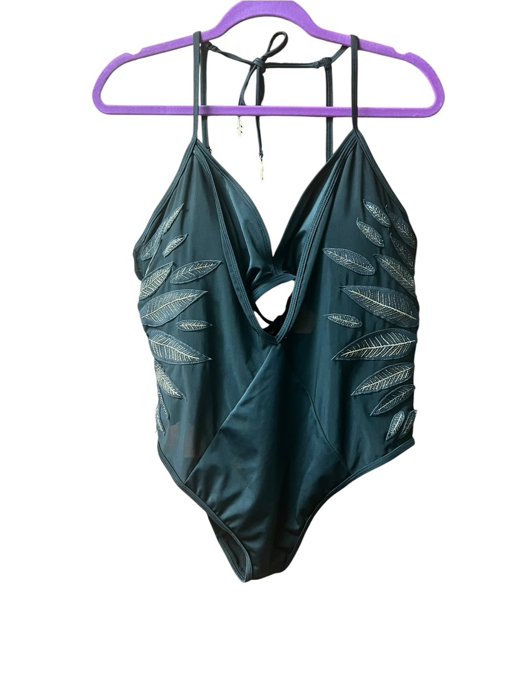 NWT Ashley Graham Black One-Piece Monokini with Metallic Leaf Embroidery Size 18
